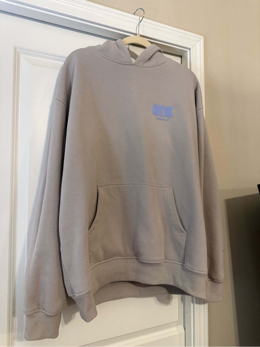 White Fox Boutique Taupe Hoodie with Light Blue Logo